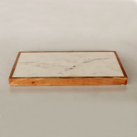White Marble and Wood Oblong Raised Stand