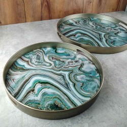 Set of 2 | Round Green & Gold Trays