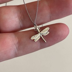 Dragonfly on Grey Silk Necklace | Sterling Silver